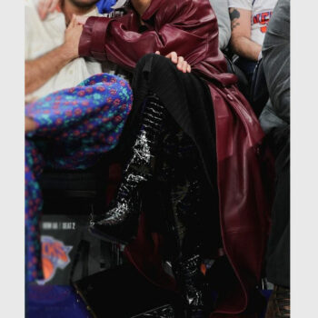 Selena Gomez Knicks Game Maroon Leather Trench Coat-1