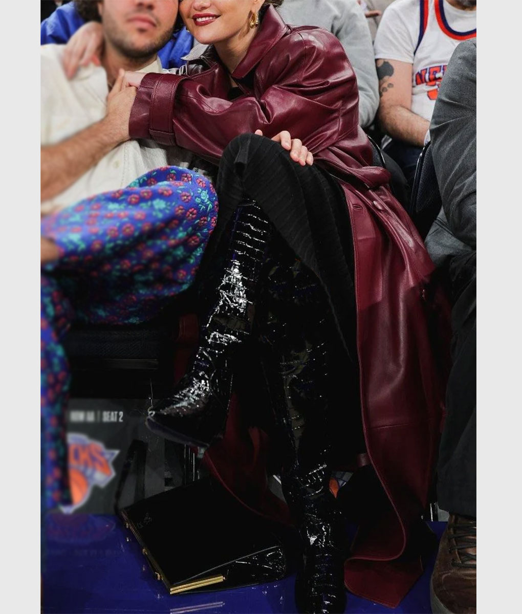 Selena Gomez Knicks Game Maroon Leather Coat (1)