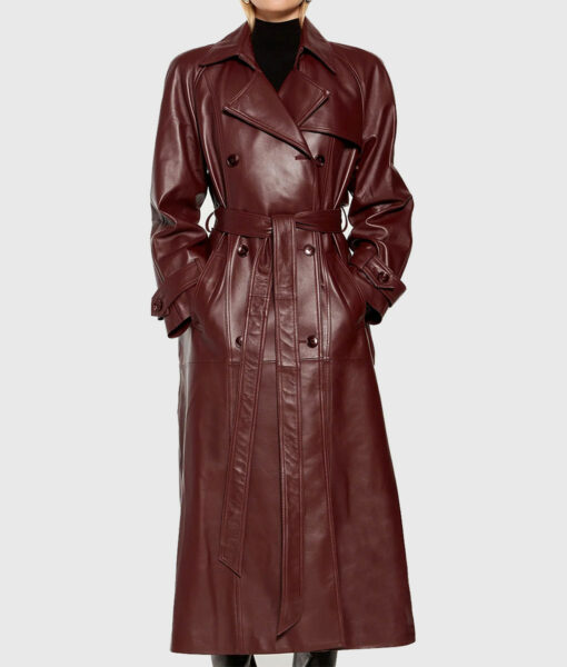Selena Gomez Knicks Game Maroon Leather Trench Coat-2