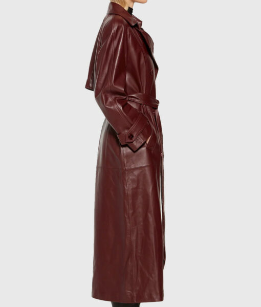 Selena Gomez Knicks Game Maroon Leather Trench Coat-3