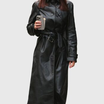 Emily Ratajkowski Birthday Bash Black Belted Leather Coat-3
