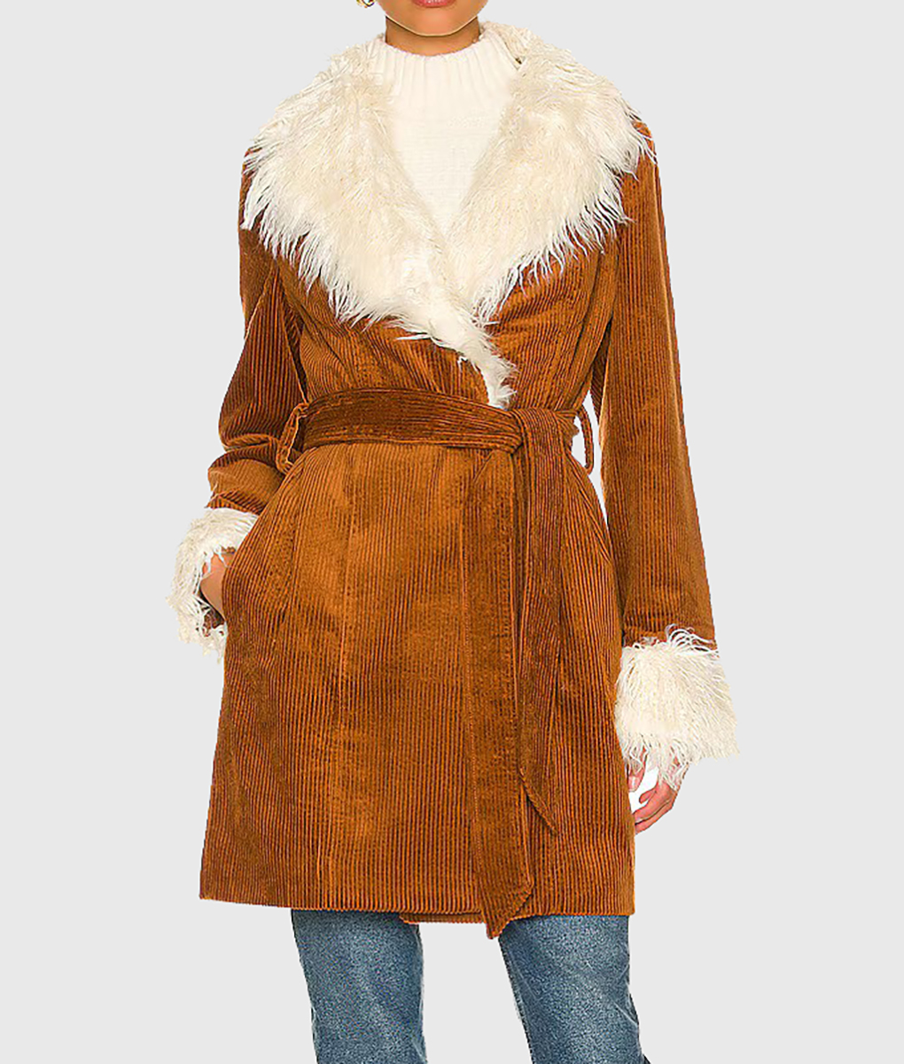 Nicola Coughlan Big Mood Suede Leather Brown Fur Coat (1)
