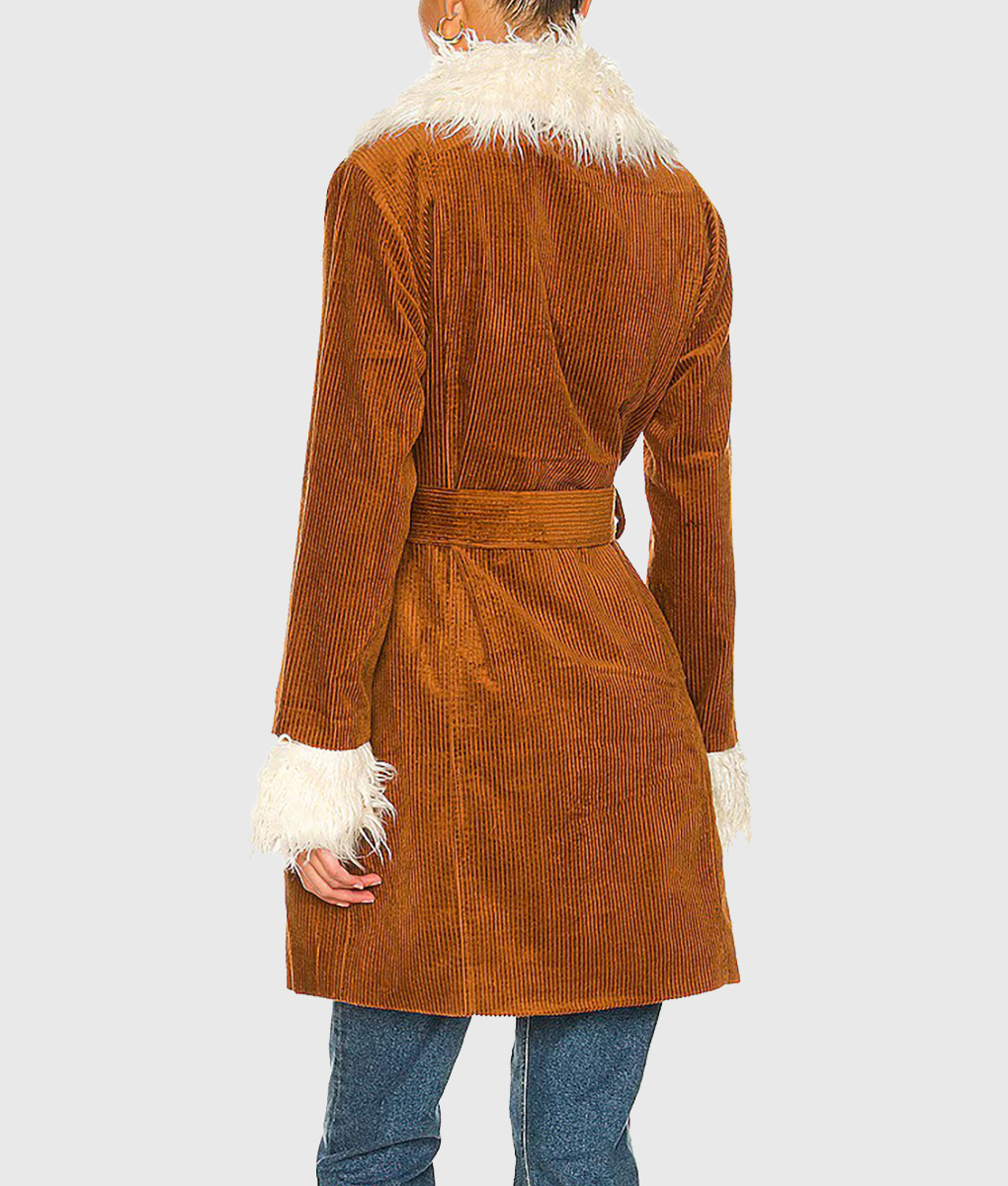 Nicola Coughlan Big Mood Suede Leather Brown Fur Coat (2)