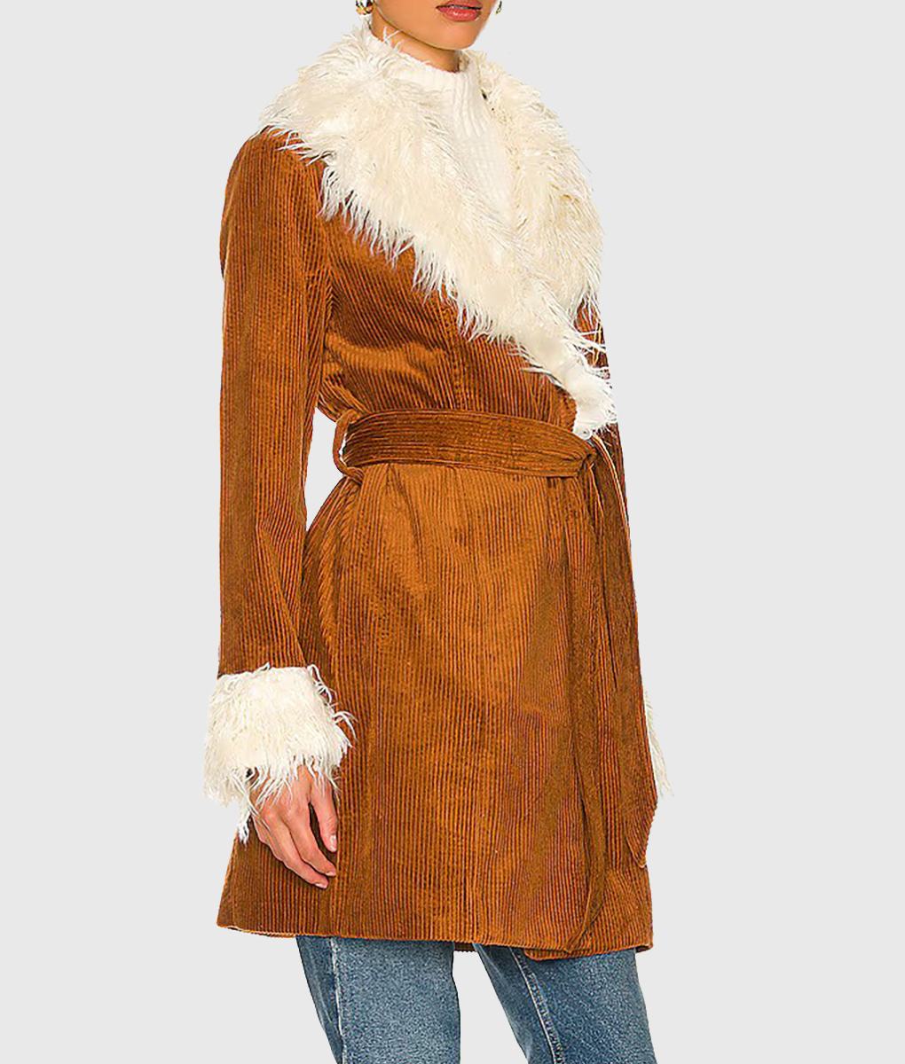Nicola Coughlan Big Mood Suede Leather Brown Fur Coat (3)