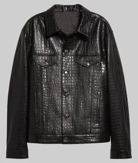 Archer Black Crocodile Pattern Leather Trucker Jacket-4