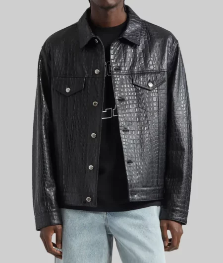 Archer Black Crocodile Pattern Leather Trucker Jacket-1