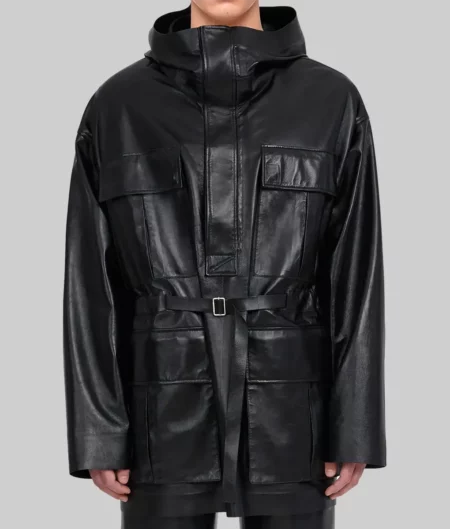 Big Ush Black Leather Hooded Jacket - Usher Black Leather Hooded Jacket - Front View 2