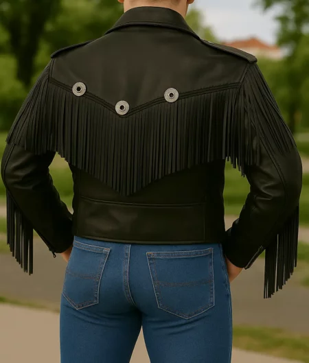 Men’s Biker Fringed Leather Jacket - Back View