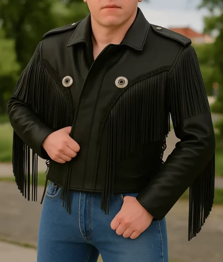 Men’s Biker Fringed Leather Jacket - Front View